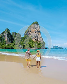 Couple at Railay beach Krabi Thailand, tropical beach of Railay Krabi in Thailand