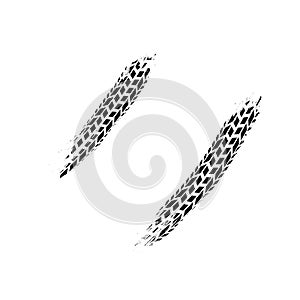 Couple of realistic grunge wheel tires traces, car tread tracks on white