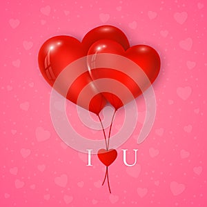 Couple of red hearts balloon with message I Love You. Valentines day greeting card on pink background. Vector