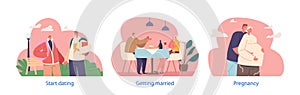 Couple Relations Stages Isolated Elements. Man and Woman Start Dating Getting Married, and Pregnancy Vector Illustration