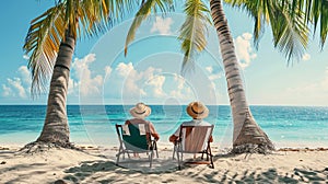 Couple relax on the beach enjoying beautiful sea on the tropical island. Summer beach vacation concept