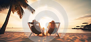 A couple relaxes on the deck chair at the beach in the sunset, ai generative illustration