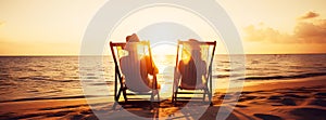 A couple relaxes on the deck chair at the beach in the sunset, banner, ai generative illustration