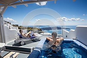 Couple relaxing and contemplating beautiful scene from private pool in one of Oia, Santorini, Greece