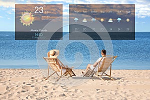 Couple relaxing in deck chairs on beach and weather forecast widgets. Mobile application