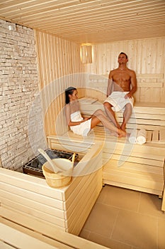 Couple relaxing in sauna