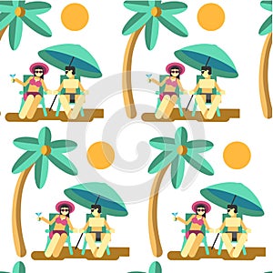 Couple relaxing by seaside on summer vacation seamless pattern