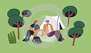 Couple relaxing at tent in nature. Man and woman campers resting in outdoor adventure, summer holiday, vacation camp