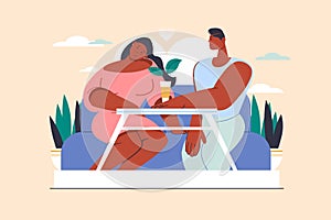 Couple at rendezvous concept with people scene in flat design. Vector illustration