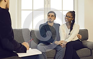 Couple resolving relationship problem with help of therapist or counseling psychologist