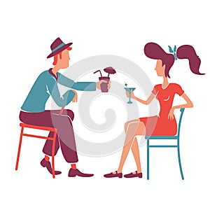Couple at retro bar enjoying cocktails flat color vector faceless characters