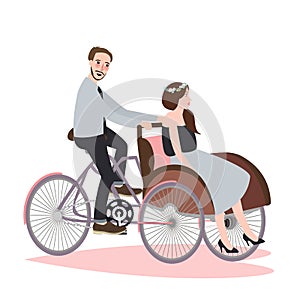 Couple ride tricycle rickshaw together have fun for wedding becak vehicle photo