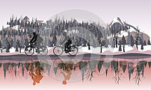 Couple riding the bicycle on the mountain hills and reflection on the water. abstract vector illustration.