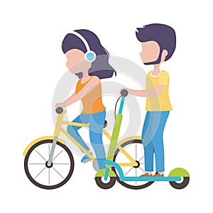 Couple riding bike and electric scooter cartoon characters