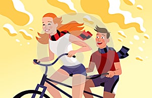 Couple riding tandem bicycle