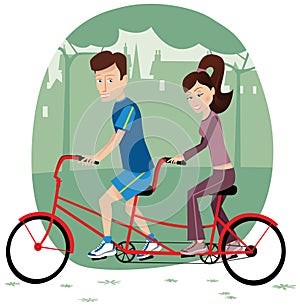 Couple riding tandem bicycle