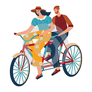 Couple riding tandem bicycle, man and woman cycling together. Casual leisure activity, teamwork concept. Fun joint bike