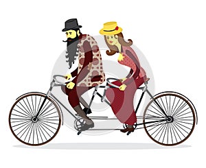 Couple riding tandem bicycle. Mature people couple riding twin b