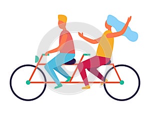 Couple Riding on Tandem or Twin Bicycle Isolated