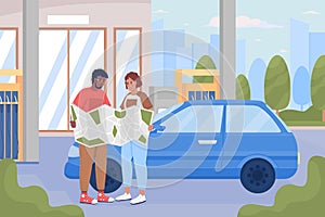 Couple road trip by car flat color vector illustration