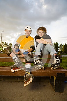 Couple rollerblading