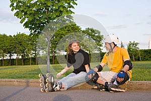 Couple rollerblading