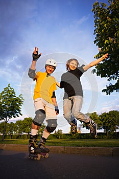 Couple rollerblading