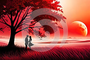 A couple romancing in a fairy tale, silhouette of a romancing couple