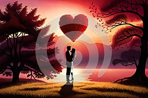 A couple romancing in a fairy tale, silhouette of a romancing couple