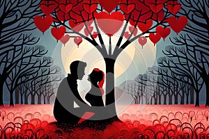 A couple romancing in a fairy tale, silhouette of a romancing couple