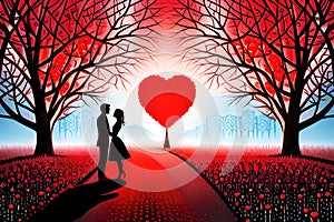 A couple romancing in a fairy tale, silhouette of a romancing couple