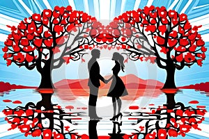 A couple romancing in a fairy tale, silhouette of a romancing couple