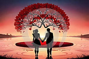 A couple romancing in a fairy tale, silhouette of a romancing couple