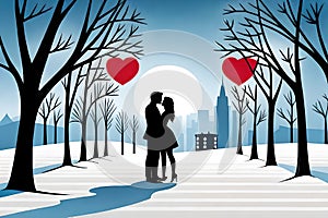 A couple romancing in a fairy tale, silhouette of a romancing couple