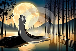 A couple romancing in a fairy tale, silhouette of a romancing couple