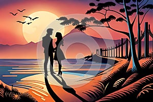 A couple romancing in a fairy tale, silhouette of a romancing couple