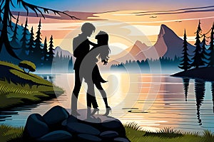 A couple romancing in a fairy tale, silhouette of a romancing couple