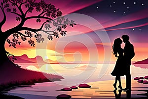 A couple romancing in a fairy tale, silhouette of a romancing couple