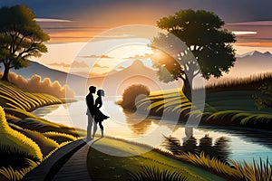 A couple romancing in a fairy tale, silhouette of a romancing couple