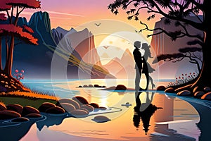 A couple romancing in a fairy tale, silhouette of a romancing couple