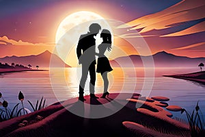 A couple romancing in a fairy tale, silhouette of a romancing couple