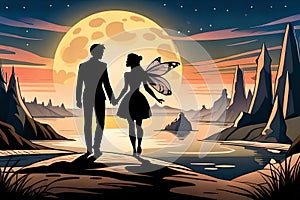 A couple romancing in a fairy tale, silhouette of a romancing couple