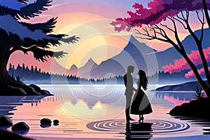 A couple romancing in a fairy tale, silhouette of a romancing couple