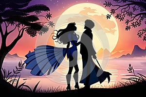 A couple romancing in a fairy tale, silhouette of a romancing couple