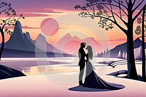 A couple romancing in a fairy tale, silhouette of a romancing couple