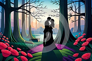 A couple romancing in a fairy tale, silhouette of a romancing couple