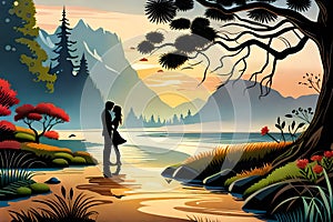 A couple romancing in a fairy tale, silhouette of a romancing couple