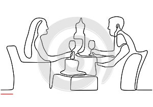 Couple romantic continuous one line drawing. Single hand drawn silhouette of man and woman eating and drinking wine. Toast with