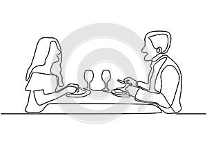 Couple romantic continuous one line drawing. Single hand drawn silhouette of man and woman eating and drinking wine. Toast with