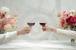 Couple on romantic date. Friends clinking glasses, top view. Red wine, flowers around on wooden table. Wedding celebration, party